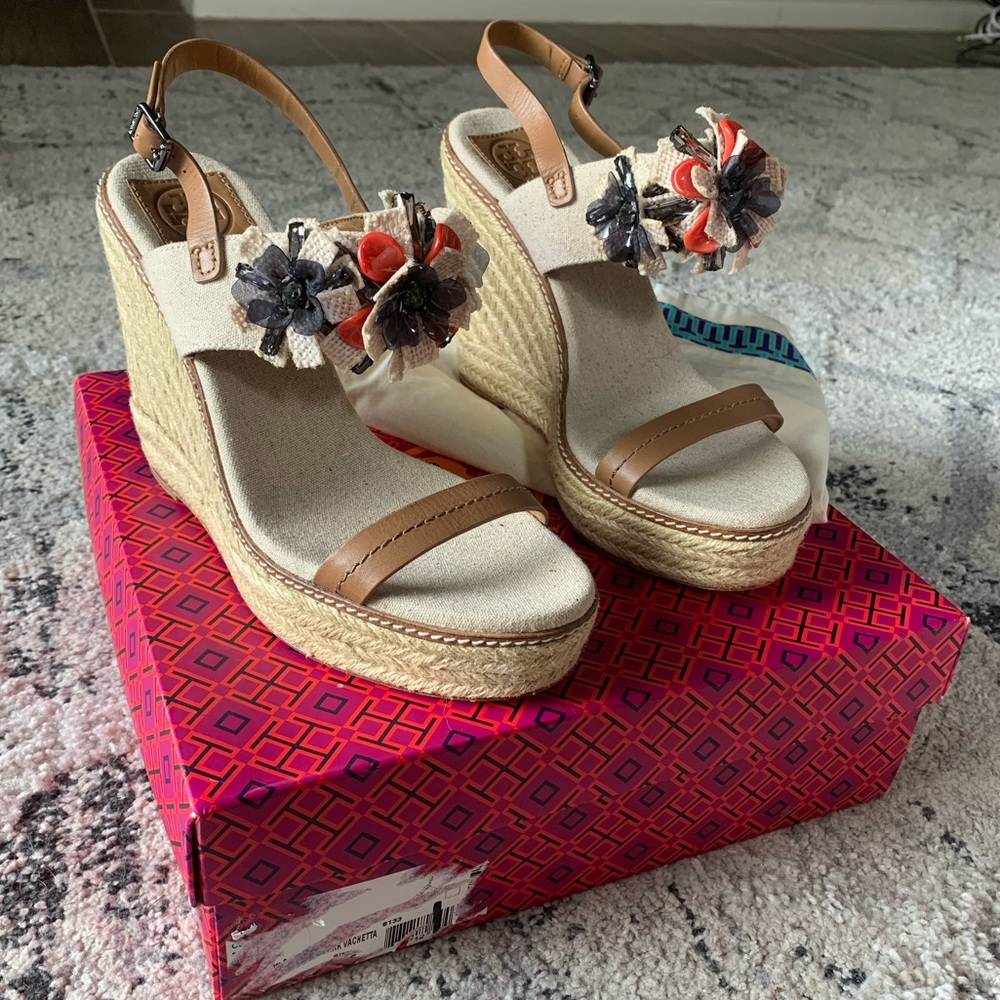 Tory Burch Tan and Cream Espadrille Wedges